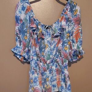 Zac & Rachel Boho Floral Peasant Blouse With A Smocked Waist, Cottage Core, XL